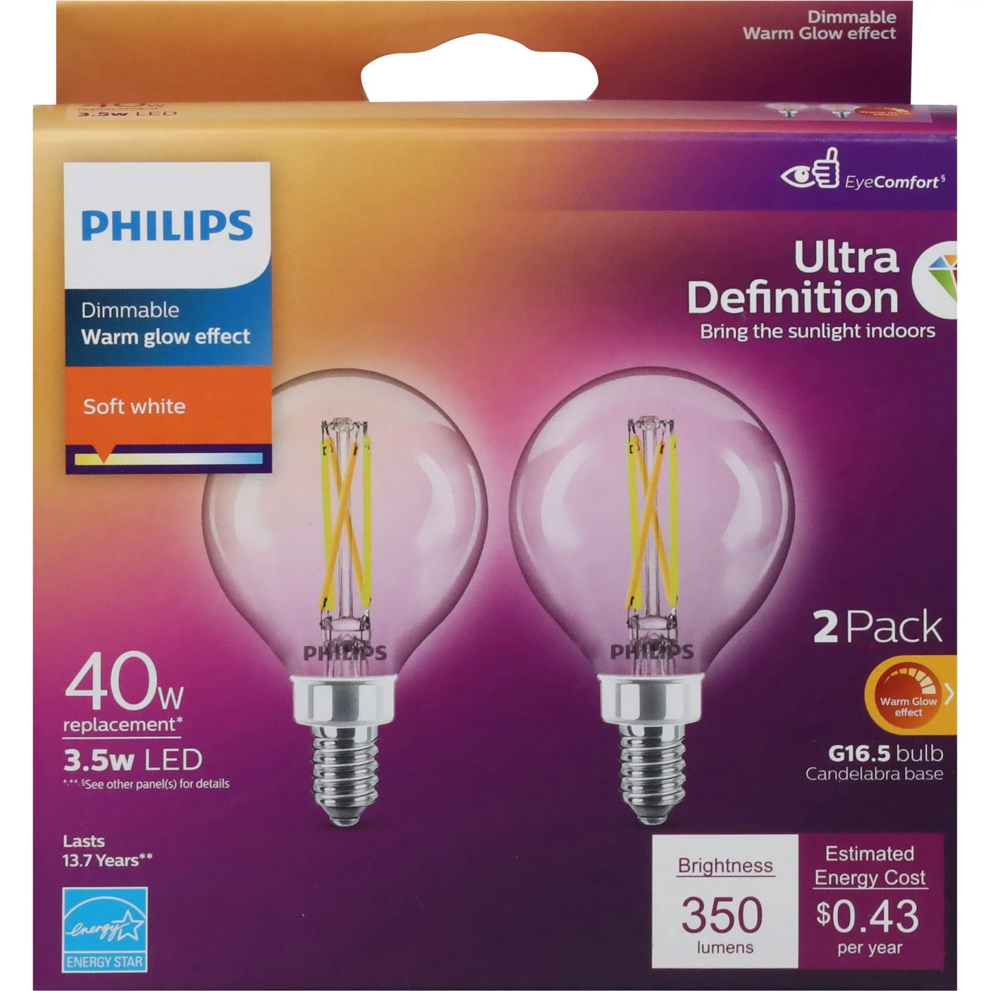 (2 pack) Philips (573303) ~ 3.5Watt, E12 base, 27k, G16.5, LED, Candelabra Bulb