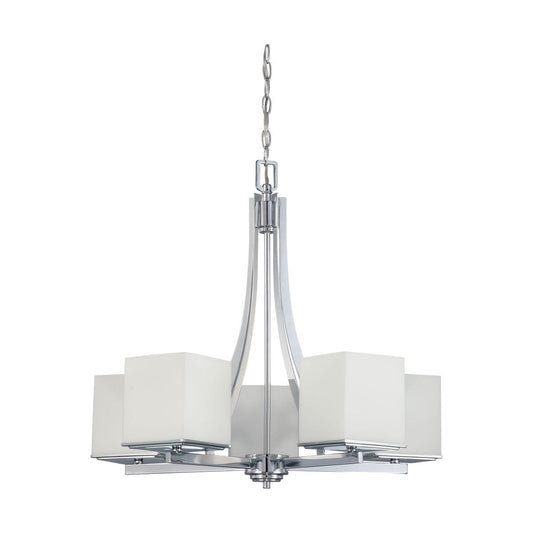 Satco|Nuvo 60-4086 Bento -5 Light Chandelier -Satin White Glass Shades -Polished Chrome Finish