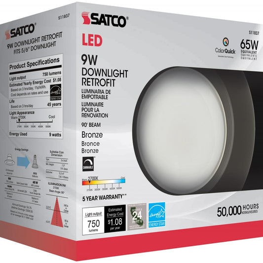 Satco ~ (S11837) 9WLED/RDL/5-6/CCT-SEL/120V/BZ Retrofit Downlight