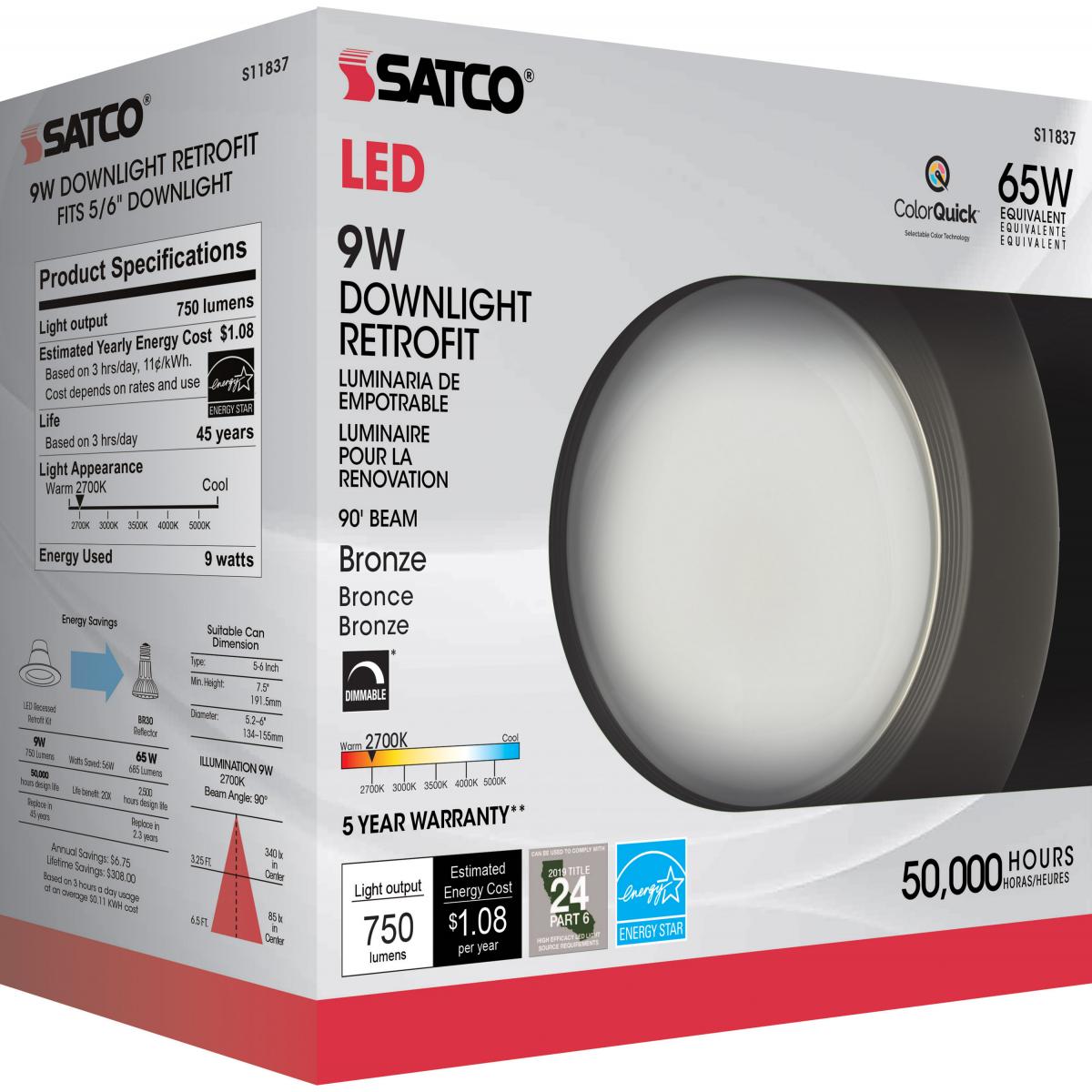 (8 pack) Satco S11837 9WLED/RDL/5-6/CCT-SEL/120V/BZ Retrofit Downlight